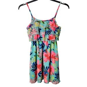 Cherokee Girls Floral Ruffle Dress Size Large 10/12 Sleeveless Aqua Pink Blue